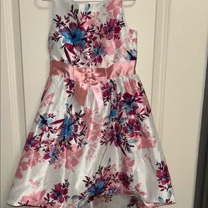 Girls' White Floral Satin Party Dress with Pink Bow
